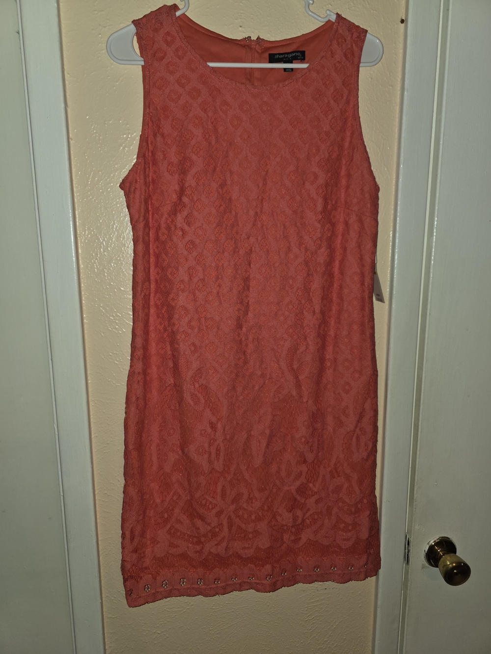 NWT Sharagano Coral Lace Sleeveless Sheath Dress 14P